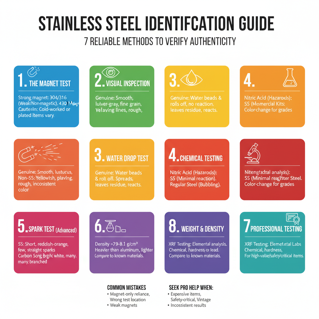 summerise and Make Infographics "Identifying stainless steel can be challenging, especially when dealing with items that look similar to other metals. Whether you're purchasing cookware, jewelry, or industrial equipment, knowing how to determine if something is genuine stainless steel helps you make informed decisions and avoid counterfeit products.

This comprehensive guide covers seven reliable methods to test and identify stainless steel items, from simple visual inspections to advanced testing techniques.

Understanding Stainless Steel Basics

Stainless steel is an iron-based alloy containing at least 10.5% chromium, which creates a protective oxide layer that prevents rust and corrosion. This unique composition gives stainless steel its distinctive properties and appearance.

The most common grades include 304, 316, and 430 stainless steel, each with different magnetic properties and corrosion resistance levels. Understanding these variations helps you identify authentic stainless steel items more accurately.




Method 1: The Magnet Test

The magnet test is the most popular and accessible method for identifying stainless steel. However, this test requires understanding the magnetic properties of different stainless steel grades.

Austenitic stainless steel (grades 304 and 316) is generally non-magnetic or weakly magnetic. When you hold a strong magnet against these grades, it should not stick firmly.

Ferritic and martensitic stainless steel (grade 430) is magnetic and will attract magnets strongly.

To perform this test effectively, use a strong neodymium magnet rather than a weak refrigerator magnet. A neodymium magnet provides more accurate results and can detect subtle magnetic properties that weaker magnets might miss.

Important Considerations for Magnetic Testing

- Cold-worked stainless steel may become slightly magnetic due to processing
- Some stainless steel items contain magnetic components or fasteners
- Plated items may appear non-magnetic while having magnetic base metals underneath

Method 2: Visual Inspection and Surface Characteristics

Authentic stainless steel has distinctive visual characteristics that help distinguish it from other metals and alloys.

Surface finish: Genuine stainless steel typically has a consistent, smooth finish with a subtle luster. The surface should appear uniform without obvious discoloration or uneven textures.

Color consistency: Stainless steel maintains a consistent silver-gray color throughout the item. Look for color variations that might indicate plating or coating over different base metals.

Grain structure: High-quality stainless steel often shows a fine, consistent grain pattern when examined closely under good lighting.

Signs of Non-Stainless Steel Materials

- Yellowish or brass-like coloring
- Obvious plating lines or seams
- Rough or pitted surface textures
- Inconsistent coloring across the item

Method 3: The Water Drop Test

The water drop test evaluates stainless steel's corrosion resistance properties. This simple test can help identify genuine stainless steel items.

Place a small drop of water on the item's surface and observe how it behaves:

- Genuine stainless steel: Water beads up and rolls off easily due to the smooth, non-reactive surface
- Other metals: Water may spread out, leave residue, or cause immediate surface reactions

Leave the water drop for several minutes and check for any discoloration or surface changes. Authentic stainless steel should show no immediate reaction to water contact.

For more thorough testing, you can use specialized tools like a stainless steel testing kit, which contains chemical solutions designed to identify different stainless steel grades and detect counterfeit materials.

Method 4: Chemical Testing Methods

Chemical tests provide more definitive identification of stainless steel composition. These tests are particularly useful for valuable items or when precise identification is crucial.

Nitric Acid Test

Warning: This test involves hazardous chemicals and should only be performed by experienced individuals with proper safety equipment.

Apply a small drop of diluted nitric acid to an inconspicuous area:

- Stainless steel: Shows minimal or no reaction
- Regular steel: Produces immediate bubbling and discoloration
- Plated items: May show reaction if acid penetrates the plating

Stainless Steel Testing Solutions

Commercial testing solutions offer safer alternatives to nitric acid. These solutions change color when applied to different metals, providing clear identification results.

Most testing kits include multiple solutions for identifying various stainless steel grades and distinguishing them from similar-looking alloys.

Method 5: Spark Test (For Advanced Users)

The spark test involves grinding a small portion of the metal and observing the sparks produced. This method requires experience and proper safety equipment.

Stainless steel sparks characteristics:
- Short, reddish-orange sparks
- Fewer sparks compared to carbon steel
- Sparks tend to be straighter with less branching

Carbon steel produces:
- Long, bright white sparks
- Heavy spark production
- Highly branched spark patterns

This test should only be performed on items where small material removal is acceptable and by individuals experienced with metalworking.

Method 6: Weight and Density Comparison

Stainless steel has a specific density range (approximately 7.9-8.1 g/cm³) that differs from other common metals and alloys.

Compare the item's weight to similar-sized objects made from known materials:

- Stainless steel: Heavier than aluminum, lighter than lead
- Aluminum: Significantly lighter than stainless steel
- Brass or bronze: May feel similar in weight but have different color characteristics

This method works best when combined with other identification techniques, as weight alone cannot definitively identify stainless steel.

Method 7: Professional Testing and Certification

For valuable items or when absolute certainty is required, professional testing provides the most accurate identification.

X-ray fluorescence (XRF) testing analyzes the exact elemental composition of metals without damaging the item. This non-destructive testing method can identify specific stainless steel grades and detect any adulterants or coatings.

Metallurgical laboratories offer comprehensive testing services that include chemical analysis, hardness testing, and microstructure examination.

Professional testing is particularly valuable for:
- High-value purchases
- Industrial applications requiring specific grades
- Items where safety depends on material properties
- Authentication of vintage or collectible stainless steel items

Common Mistakes to Avoid When Identifying Stainless Steel

Many people make errors when attempting to identify stainless steel. Understanding these common mistakes helps improve identification accuracy.

Relying solely on magnetic testing: Different stainless steel grades have varying magnetic properties, so a single magnet test may not provide complete information.

Ignoring surface treatments: Some stainless steel items have coatings or treatments that may affect test results.

Testing in wrong locations: Always test inconspicuous areas and avoid testing near welds or joints where different materials might be present.

Using weak magnets: Refrigerator magnets or weak magnetic tools may not provide accurate results for magnetic testing.

When to Seek Professional Help

Consider professional identification services when:

- Purchasing expensive stainless steel equipment or jewelry
- Working with items where material properties affect safety
- Dealing with vintage or antique items of uncertain composition
- Results from multiple tests are inconsistent or unclear

Professional testing eliminates guesswork and provides documentation of material composition when needed for warranties, insurance, or resale purposes.

Conclusion

Identifying stainless steel requires understanding its unique properties and using appropriate testing methods. The magnet test provides a quick initial assessment, while visual inspection reveals surface characteristics typical of genuine stainless steel. Chemical testing and professional analysis offer more definitive identification when needed.

Combining multiple identification methods increases accuracy and helps avoid the common pitfalls of relying on single tests. Whether you're evaluating cookware, jewelry, or industrial components, these seven methods provide reliable ways to determine if something is truly stainless steel.

Remember that different stainless steel grades have varying properties, so understanding these differences helps you make better identification decisions and choose the right stainless steel products for your specific needs."